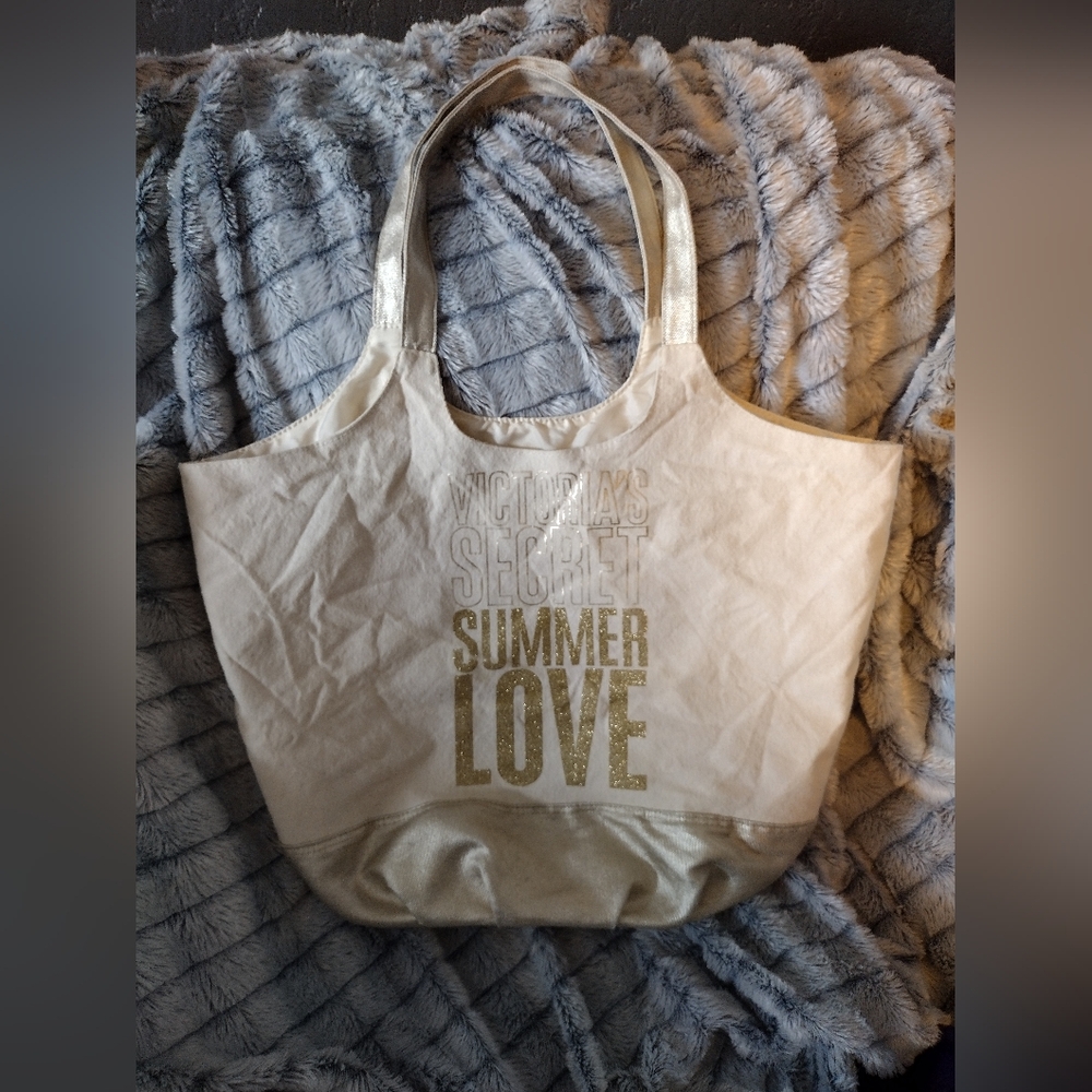 Victoria's Secret Summer Love Shimmer Canvas Sparkle Gold Tote Bag - Picture 1 of 4